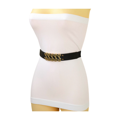 Women Black Elastic High Waist Hip Bling Belt Gold Metal  display picture 1