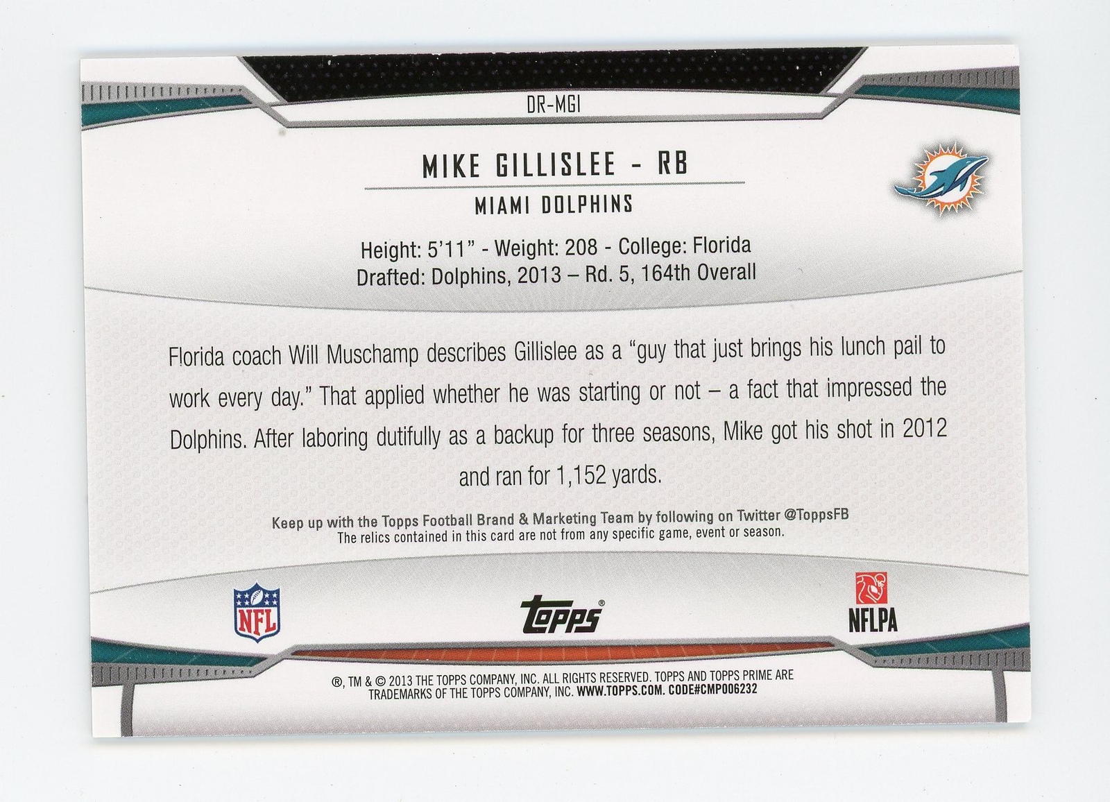 2013  Topps Prime #QR-MGI Mike Gillislee Dual Relics Copper 84/99 DOLPHINS
