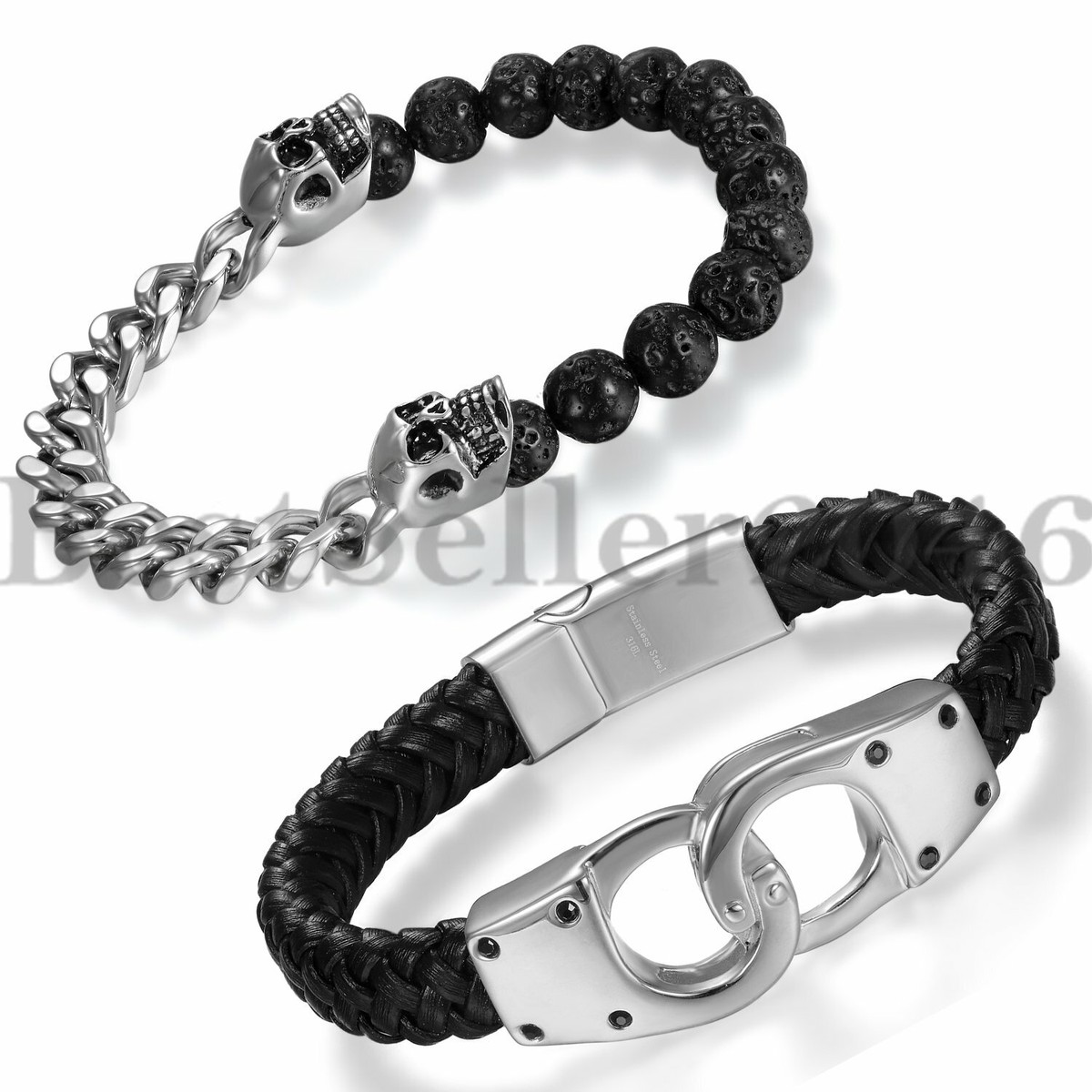2PCS Stainless Steel Skull Handcuffs Magnetic Clasp Leather Bracelet Cuff  Bangle - Main Image