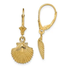 14k Yellow Gold 2-D and Textured Scallop Shell Leverback Earrings 2.79g