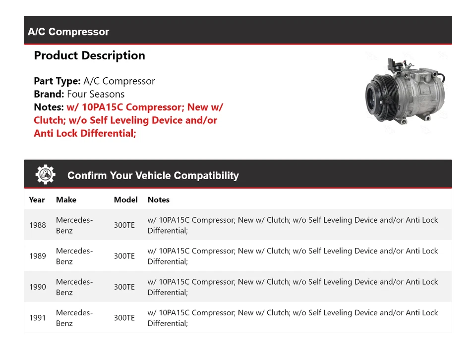For 1988-1991 Mercedes-Benz 300TE A/C Compressor 4 Seasons 1989 1990 - Image 2 of 4