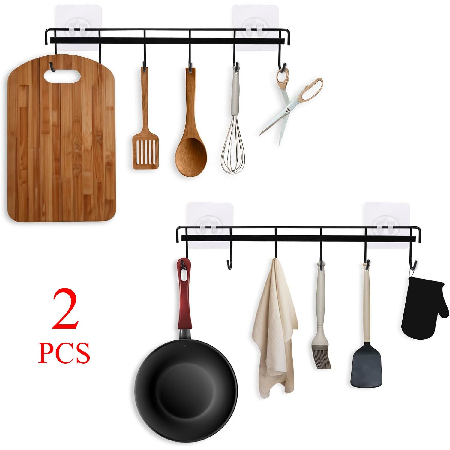 2 Pack Kitchen Utensil Rail Rack Wall Mount Adhesive Kitchen Utensil Hanger