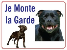 Attention au chien, Je monte la garde plaque ou autocollant Staffie