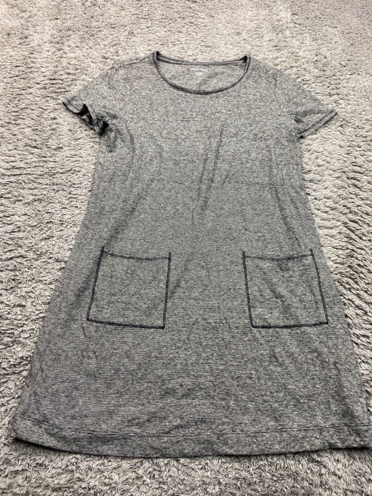 Eileen Fisher Dress Women XS Gray Striped Hemp Organic Cotton Chore Lagenlook