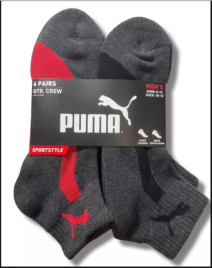 その他 na Puma Men's Quarter Crew Socks 6 Pack L Black Red Half Terry