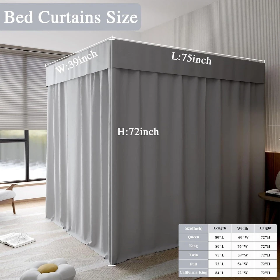 Cortinas de cama negras con dosel Queen a prueba de luz 4 cortinas de poste de esquina transpirables fáciles Foto 4 de 4