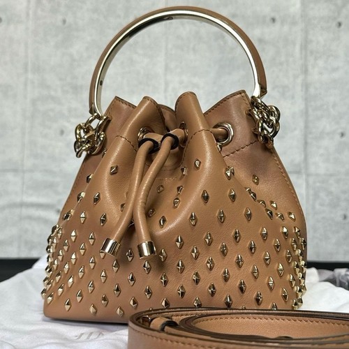 JIMMY CHOO Bon Bon Bucket S Leather 2Way Bag Camel Gold Studs Italy