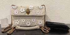 Kurt Geiger Medium Kensington Leather 3D Embroidered Flowers 8.5"x5.75"x3" Bone