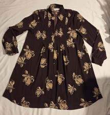 Nine West Floral Print Long Sleeve Shirt Dress Tunic Brown Gold Size Small