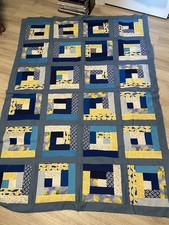 46 X 66” Unfinished Quilt Top Log Cabin Design Lemons Blue Cotton