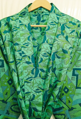 Grünes Pure Silk Sari Long Kimono Offene Front Robe KMO5513
