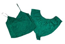 VICTORIAS SECRET Womens S Satin Pajama Set Green Jacquard Cami Shorts Sleep