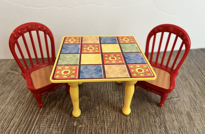 Fisher Price Loving Family Dollhouse Kitchen Tile Table & Two Red Chairs Dining