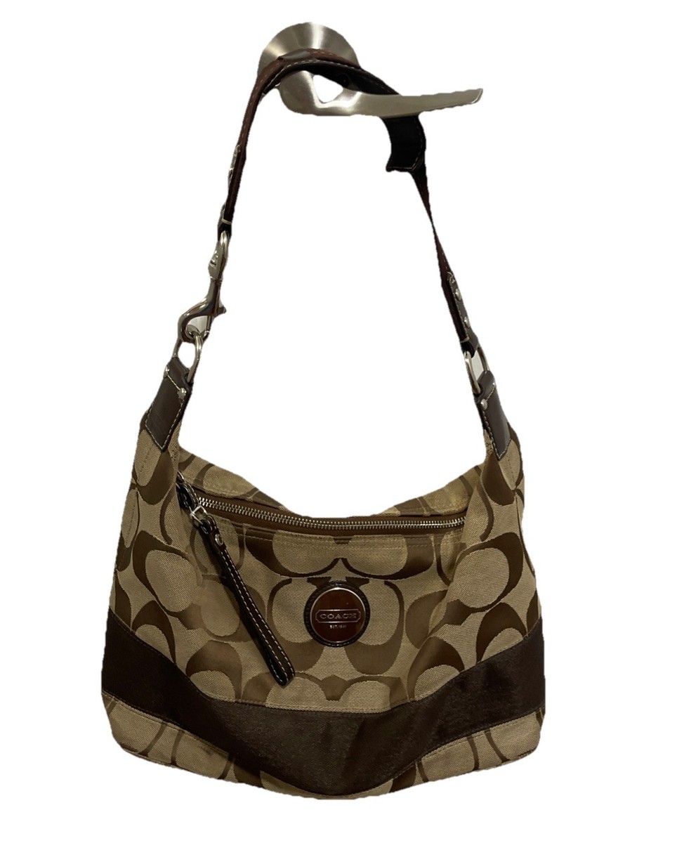 Coach Signature C Purse Stripe Canvas Patten Hobo Shoulder Bag