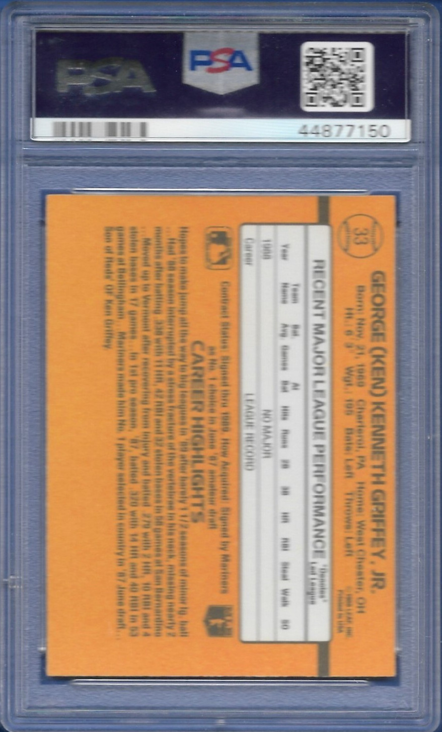 PSA 8 NM-MT 1989 DONRUSS KEN GRIFFEY JR #33 ROOKIE view 2