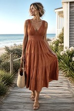 TIERED Rust Gauzy COTTON Smocked Waist MiDi Summer DRESS BOHO Universal Thread S