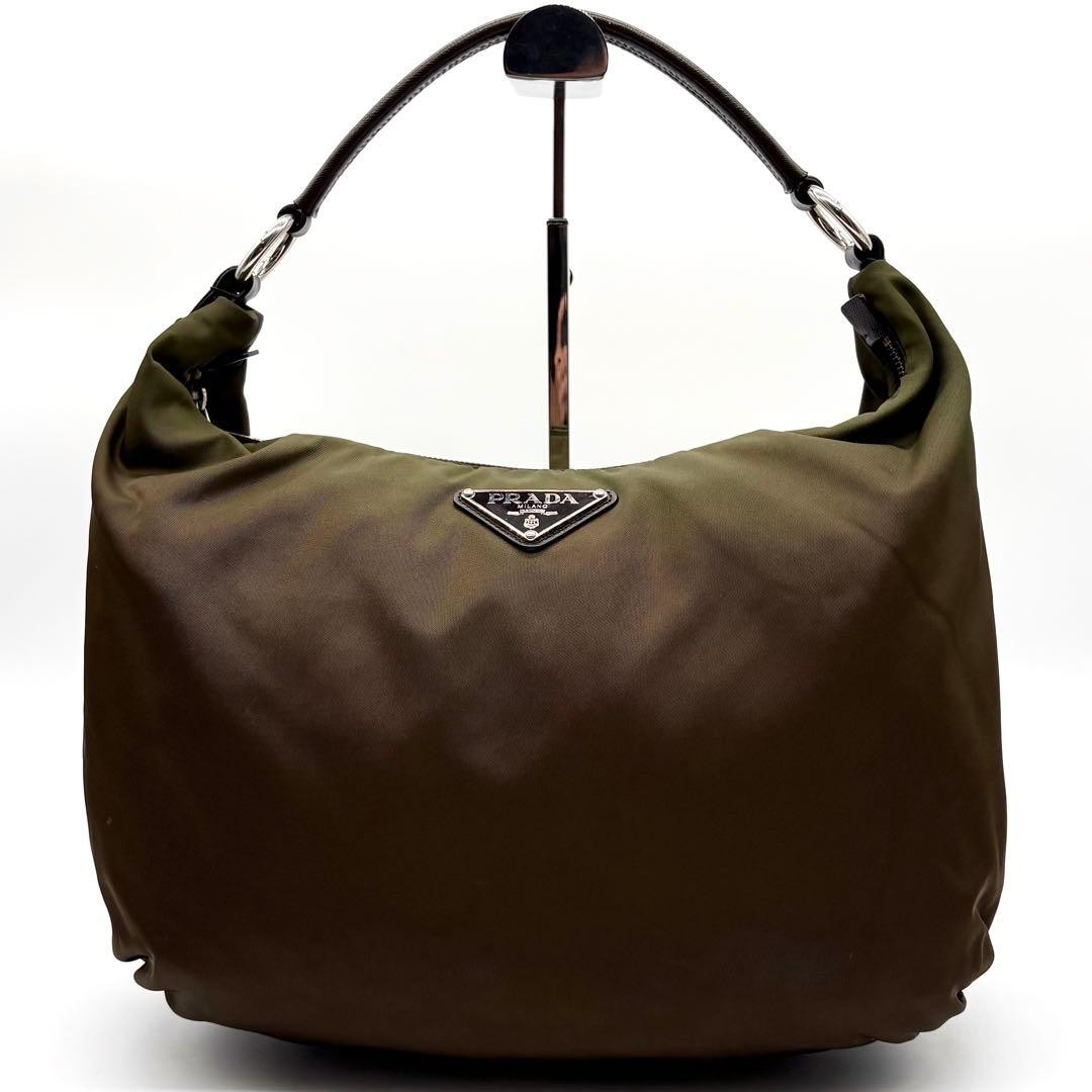 Excellent Condition PRADA Hobo One Shoulder Nylon Saffiano Leather Khaki thumbnail 2