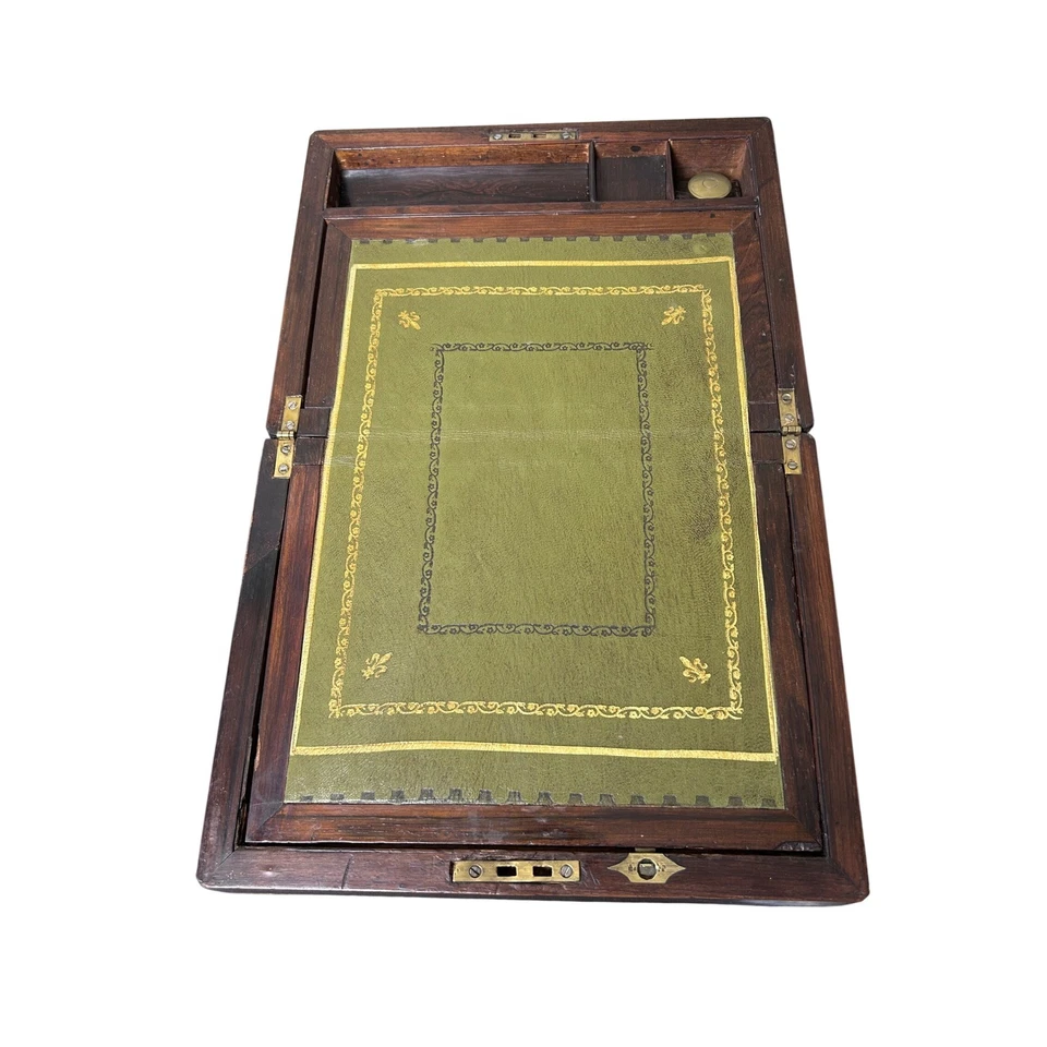 Antique Victorian Campaign Lap Desk Writing Slope Rosewood Brass Bound Box - Image 3 of 4