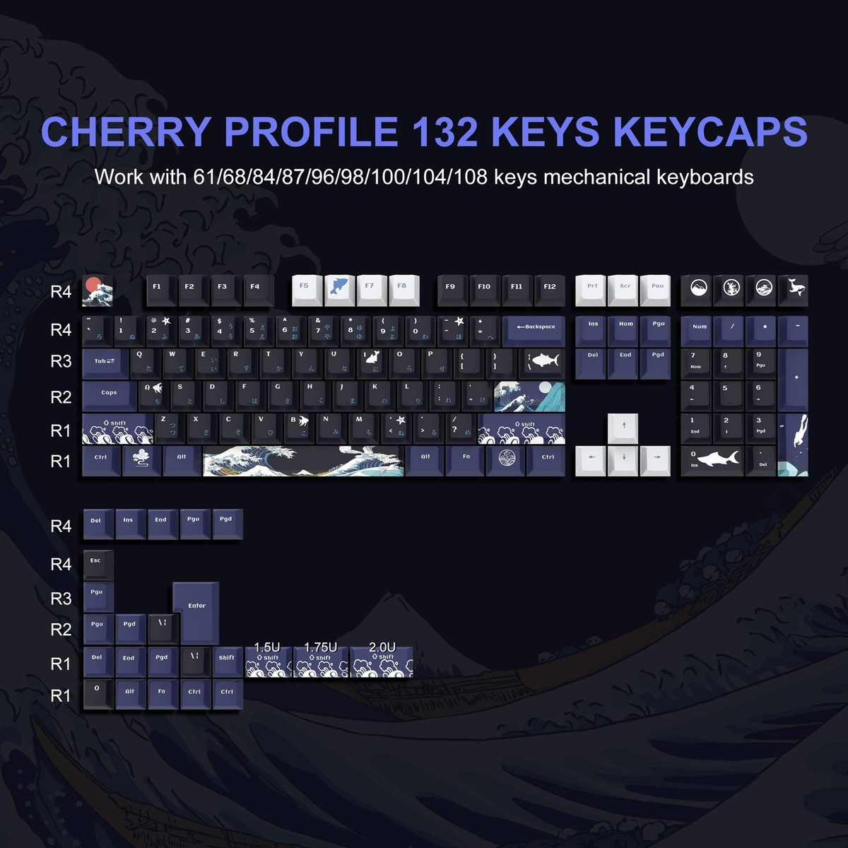 XVX PBT Keycaps 132 Keys Great Wave Off Kanagawa Japanese Keyboard