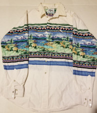 Vintage XL Roper Border Western Dear in the Field Print Pearl Snap Cotton Shirt