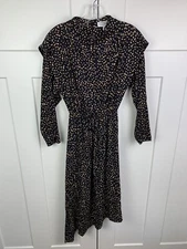 & Other Stories Size 0 Midi Dress Navy Tan Polka Dot Long Sleeve Asymmetrical 