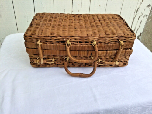 Panier valise pique-niques vintage en osier de rotin tissé/valise avec fermeture - Bild 1 von 6