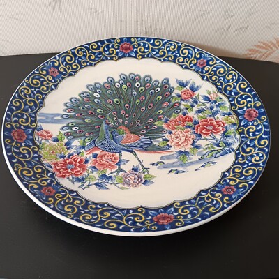 Stunning Antique Delftware 15 1/4'' Peacock In Full Bloom Floral Wall Charger