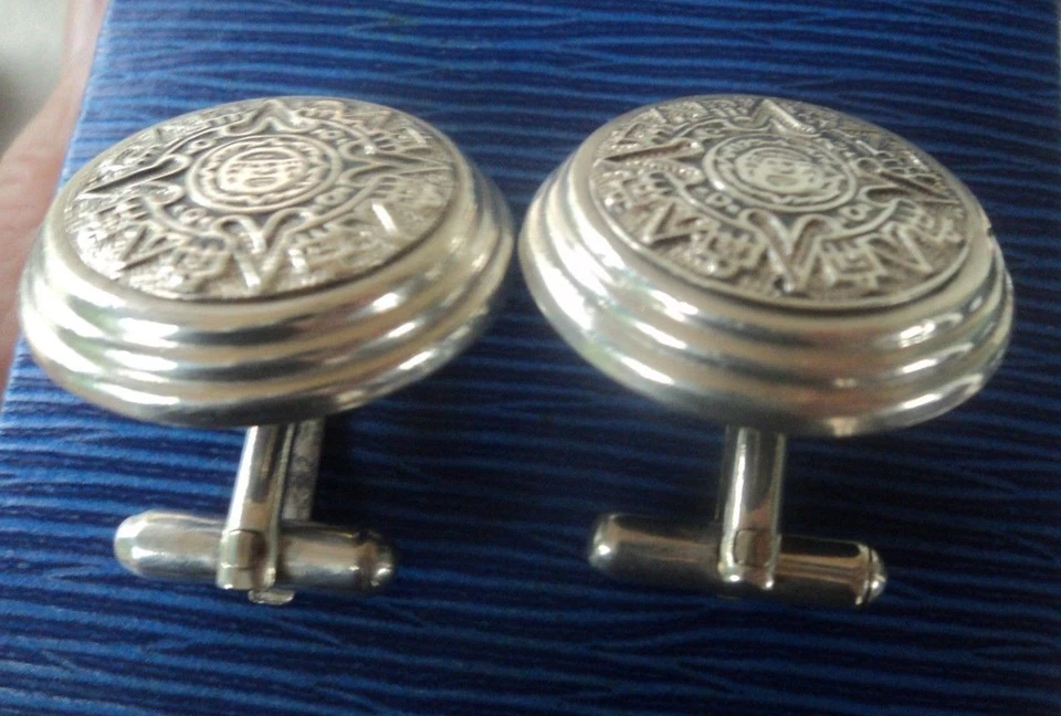 Gemelli In Argento Sterling Messicani Con Motivo Grande Vintage Messico - Immagine 4 di 4