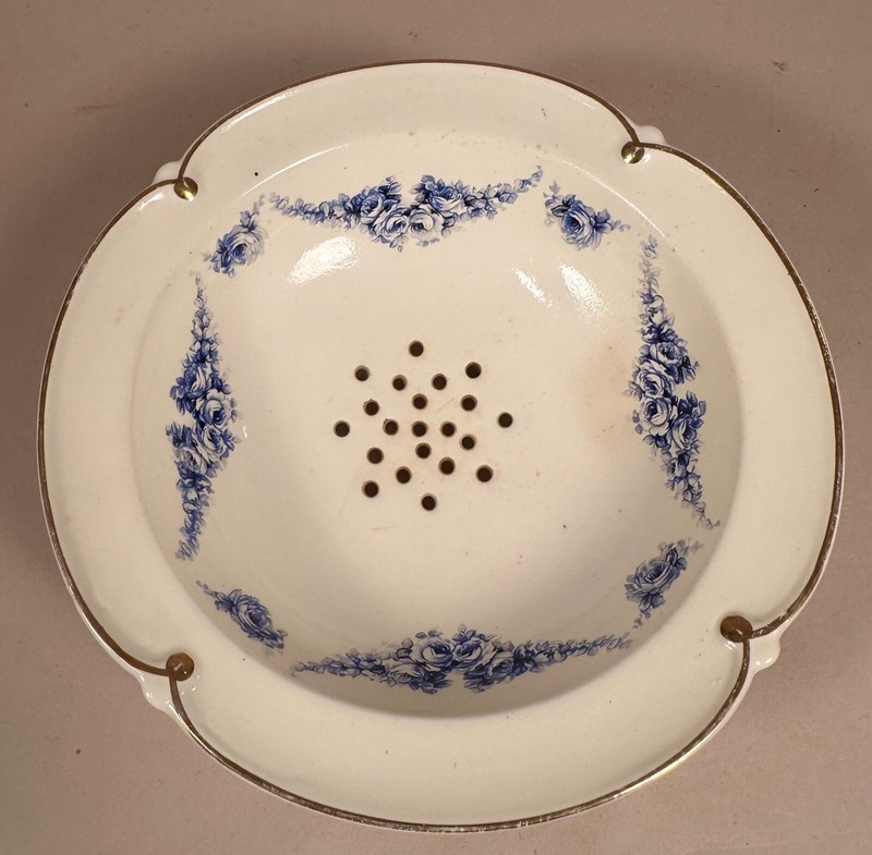 Antique Sieve Bowl, Blue Floral Pattern, 4 Pedestal Legs