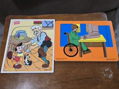 2 Vintage Wooden Puzzles Walt Disney Pinocchio & Computer Programmer Education