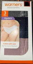 Warners Womens Hipster Underwear Panties Cotton Blend 3-Pair Lace (A) ~ L