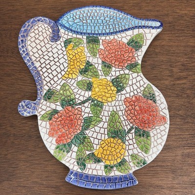Italian Mosaic Trivet Wall Decor Rose Floral Pitcher Handpainted Ceramic Italy