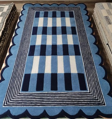 Modern Hand-Tufted Wool Rug Blue Checkered Design with High-Low Loop & Cut Pile