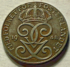 Sweden 1948 Iron 2 Ore. Gustaf V. Long 9. Better Grade. KM# 811