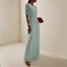 Light Blue Chiffon Draped Ruched Maxi Bridesmaid Wedding Guest Evening Dresses