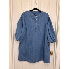GAP Blue Denim Puff Sleeve Mini Dress XL Cotton Blend Button Front Shift Pocket