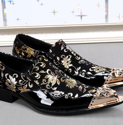 Men Leather Metal Pointed Toe Floral Printed Slip On Formal Dress Wedding Shoes