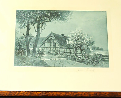 Herm. Thiele signierter gerahmter Print Landschaft Fachwerkhaus Querformat
