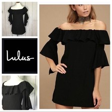 Lulus Black Off The Shoulder Ruffle Bell Sleeve Mini Dress XS