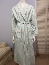 VTG Blue Tan Plaid Robe Collar Pockets Belt Eyelet Trim Miss Elaine Sz L