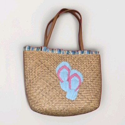 Cappelli Straworld Woven Straw Beach Bag leather Handle Tropical flipflops Tote