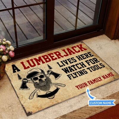 Personalized Name A Lumberjack Live Here Funny Welcome Doormat Family Gift Decor