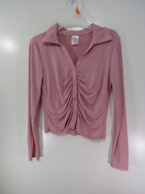 No Boundaries Top Size M 7 9 Pink Button Gathered Front Long Sleeve Collar