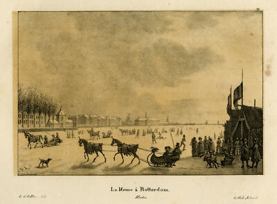 Antiker Druck - Menschen Schlittschuhlaufen auf der Maas bei Rotterdam - Howen - Madou - 1825