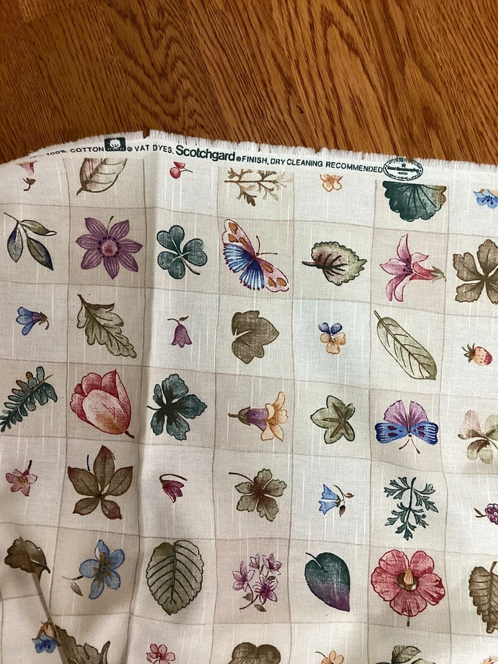 WAVERLY Pastoral Plaid Cream Upholstery Botanical Fabric 6.5 Yds Linen New - Image 3 of 4