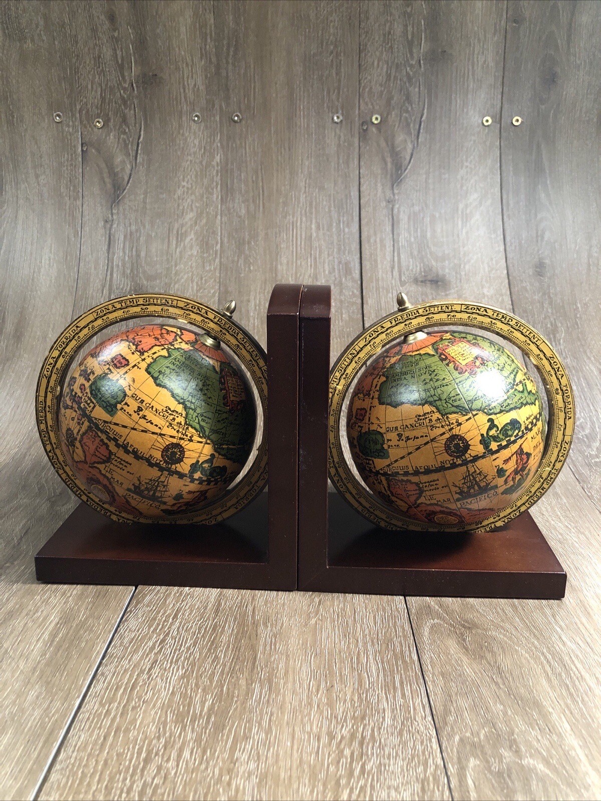 Vintage Olde World Wooden Rotating Globe Bookends Made in Italy 6