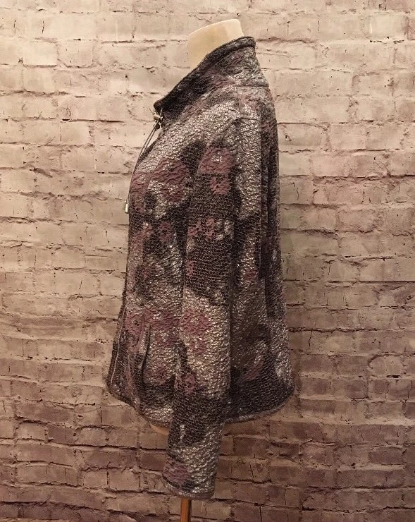 Ruby Rd. Womens 12 Casual Jacket Taupe Gray Silver Print Full Zip Faux Sequins - Image 4 of 4