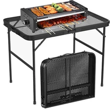 Camping Table w/ Extension Board, Height Adjustable Metal Table w/ Mesh Desktop