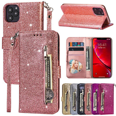 For iPhone 16 15 14 13 Pro Max 12 11 XS XR Women Bling Zipper Wallet Case Cover