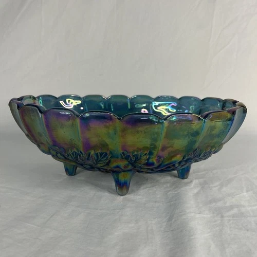 Vintage Indiana Iridescent Blue Carnival Glass Harvest Grape Oval Footed Bowl